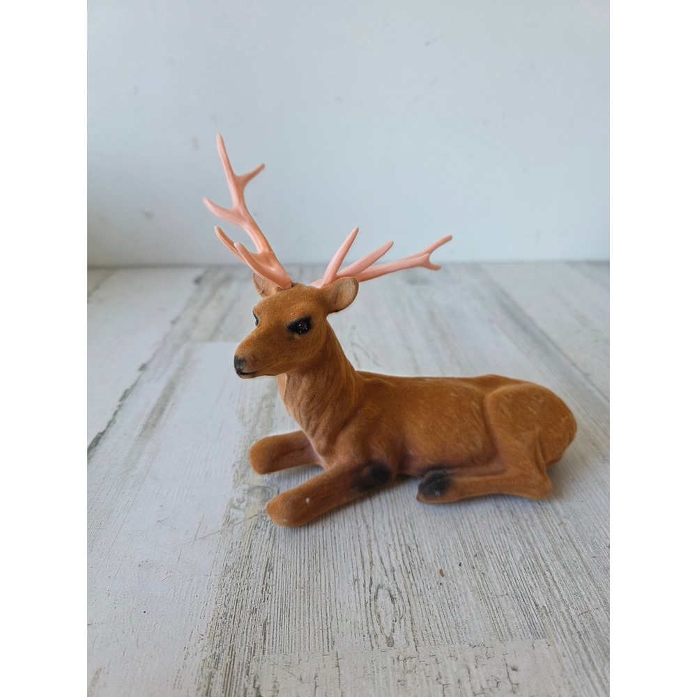 Vintage flocked deer reindeer felt Xmas decor antlers village